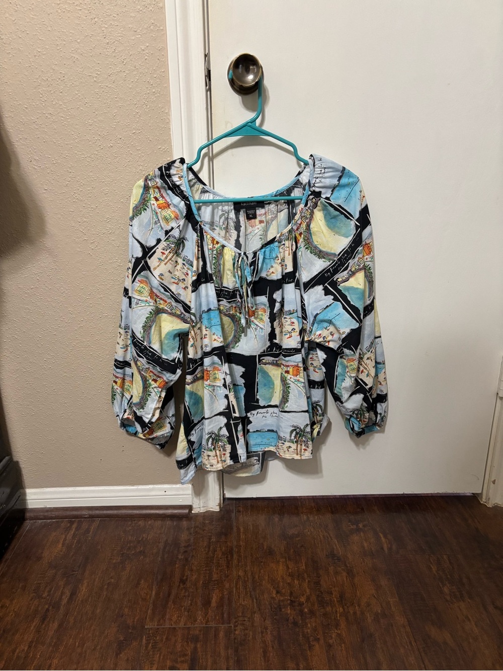 Karen Kane Blue Multi Scenic Square-Print Cotton Peasant Blouse - XL - Picture 4 of 9